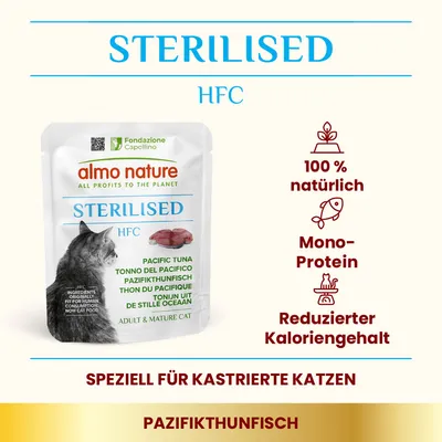 Almo Nature Sterilised HFC Pazifikthunfisch für kastrierte Katzen. 100% natürlich, Mono-Protein, reduzierter Kaloriengehalt. Geeignet für erwachsene und ältere Katzen.