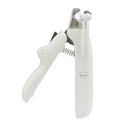 Vit klotång med LED-ljus, på/av-knapp och fjädermekanism för precis klippning.
