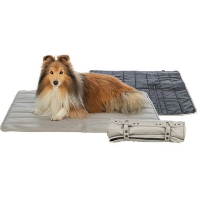 Tapis pour chien en tissu gris, un chien couché dessus, un tapis similaire noir à l’arrière et un tapis gris roulé avec boutons visibles au premier plan.