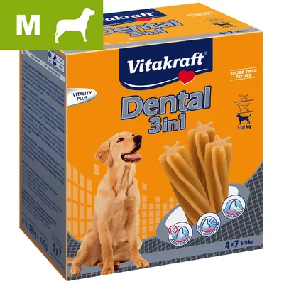 Vitakraft Dental 3 in 1, boîte orange avec 4 x 7 sticks pour chiens de plus de 10 kg, mention Sugar Free Recipe, pictogrammes contrôle plaque, action contre tartre, anti-inflammatoire.
