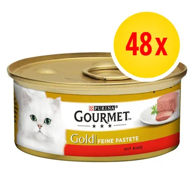 Purina Gourmet Gold Feine Pastete mit rund, afbeelding van kattenvoer in blik, 48x verpakking zichtbaar op het etiket.