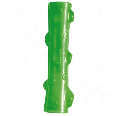 Green chew toy shaped like a stick with textured bumps and swirls, shown against a white background.