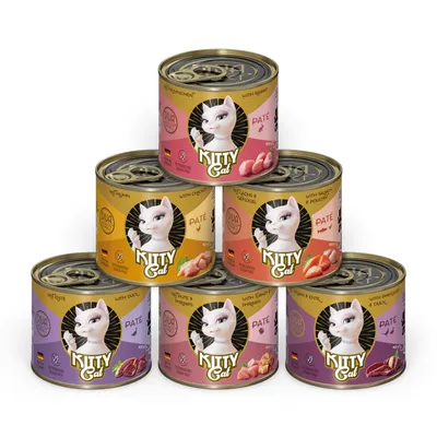 Kitty Cat Paté, 6 cans in assorted varieties: rabbit, chicken, salmon & poultry, duck, turkey & shrimp, pheasant & duck. With German flag and Dual Quality seal.