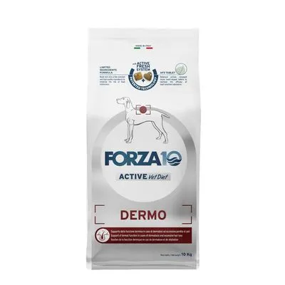 Zak Forza10 Active Vet Diet Dermo hondenvoer, 10 kg. Tekst: 'DERMO', 'FORZA10', 'ACTIVE Vet Diet'. Illustratie van hond met markering op de huid. Beperkte ingrediëntenformule zichtbaar.