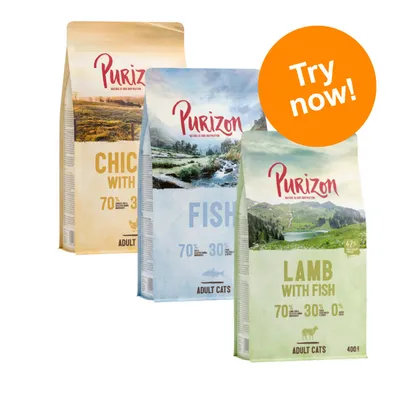 Purizon cat food bags: Chicken with Fish, Fish, Lamb with Fish. Visible text: 70%–30%–0%, Adult Cats, 400g. Orange badge reads Try now! Purizon cat food bags: Chicken with Fish, Fish, Lamb with Fish. Visible text: 70%–30%–0%, Adult Cats, 400g. Orange badge reads Try now!