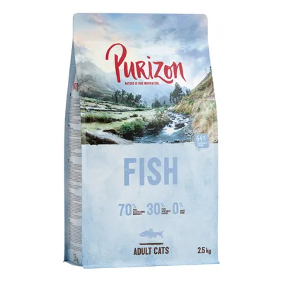 Purizon Adult Cats kuivaruoka, Fish-maku, 2,5 kg. 70 % eläinperäisiä ainesosia, 30 % hedelmiä ja vihanneksia, 0 % viljaa. Proteiinipitoisuus 44 %.