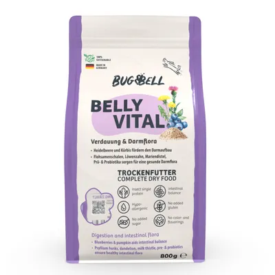 BugBell BELLY VITAL, aliment sec complet 800 g. Mentions visibles : digestion et flore intestinale, protéines d’insectes, hypoallergénique, sans gluten, sans sucre ajouté, sans colorant.