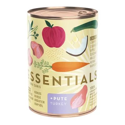 Terra Canis Essentials conservă umedă cu curcan, ingrediente: morcov, dovlecel, măr, cocos, mei, ierburi, ulei de rapiță. 100% calitate alimentară a tuturor ingredientelor.