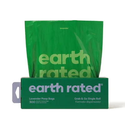 Earth Rated lavender poo bags, 300 pieces, scented, Grab & Go single roll, dispenser format.