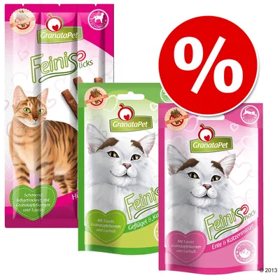 GranataPet Feinis -kissanherkut, kolme erilaista pakkausta, näkyvissä maut: Geflügel & Katzengras, Ente & Katzenminze sekä sticks. Suuri punainen prosenttimerkki alennuksesta.