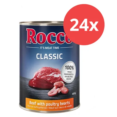 Rocco Classic Dose, Rind mit Geflügelherzen, 100% frische Zutaten, getreidefreie Rezeptur, 400g. Packung mit 24 Dosen.