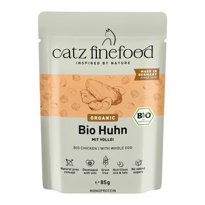 Catz Finefood Bio wołowina, monobiałkowy, wyprodukowany w Niemczech, certyfikat bio, opakowanie 24x85g. Bez cukru, 94% mięsa.