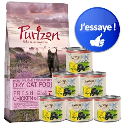 Sachet Purizon Nature is our Inspiration, croquettes pour chat, et 6 boîtes Feringa Classic Meat Kitten Chicken & Veal. Pastille bleue avec texte : J’essaie ! et pouce levé. Sachet Purizon Nature is our Inspiration, croquettes pour chat, et 6 boîtes Feringa Classic Meat Kitten Chicken & Veal. Pastille bleue avec texte : J’essaie ! et pouce levé.