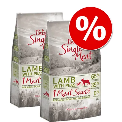 To sække Purizon Single Meat Lamb with Peas hundefoder, 12 kg. Tekst: 65 % premium animalske ingredienser, 35 % frugt, grøntsager og urter, 0 % tilsat korn. Rød procenttegn.
