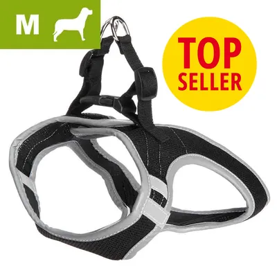 Szelki dla psa, rozmiar M, czarne z szarymi obszyciami. Widoczny napis TOP SELLER na żółtym tle. Szelki dla psa, rozmiar M, czarne z szarymi obszyciami. Widoczny napis TOP SELLER na żółtym tle.