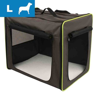 Transporter materiałowy dla psa, rozmiar L widoczny w lewym górnym rogu, brązowy z żółtymi krawędziami, siateczkowe okna i uchwyty na górze.