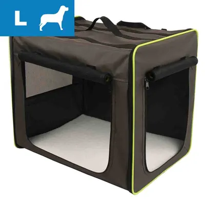 Transporter materiałowy dla psa, rozmiar L widoczny w lewym górnym rogu, brązowy z żółtymi krawędziami, siateczkowe okna i uchwyty na górze.