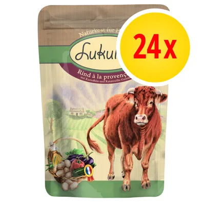 Lukullus Rind à la provençale -pussi, etiketissä lehmä ja vihanneksia, pakkauksessa näkyy teksti '24x' keltaisella ympyrällä