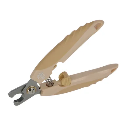 Beige Nagelzange mit Metallklingen und Sicherheitsverschluss, geeignet für präzises Schneiden von Tiernägeln.