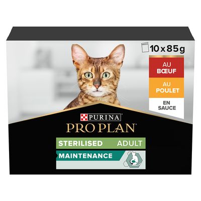 Purina Pro Plan Sterilised Adult Maintenance, 10 x 85g, sorter: med nötkött, med kyckling, i sås.