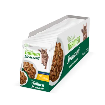 Natural Trainer Straccetti, cat food for adults with chicken and vegetables. Packaging shows product image and cat. Complete and balanced food.