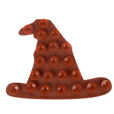 Tappetino marrone da leccare a forma di cappello di Harry Potter con nodi, testo con licenza visibile.