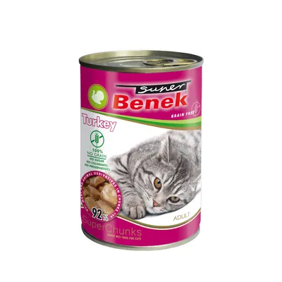 Super Benek Adult cat food, turkey, grain-free, 92% animal derivatives in pieces, without sugar, colourants or preservatives.