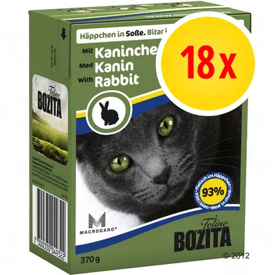 Feline Bozita z królikiem, 370 g, 93% mięsa w kawałkach, zestaw 18x. Widoczny kot, logo MacroGard, tekst w języku niemieckim i angielskim.