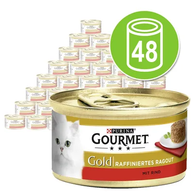 48 lattine di Purina Gourmet Gold Raffiniertes Ragout mit Rind, confezione visibile con immagine di gatto bianco e scritta sul fronte della lattina.