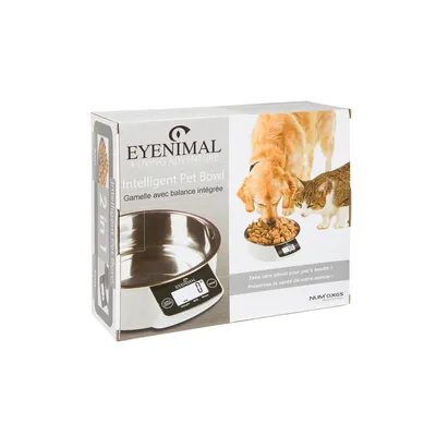 Eyenimal Intelligent Pet Bowl med integreret vægt. Emballagen viser en hund og en kat, der spiser af skålen. Bemærk: 'Take care about your pet's health!'