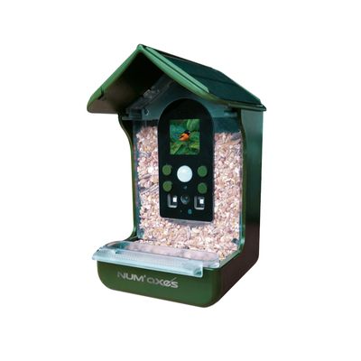 NUM'axes karmnik dla ptaków z zielonym daszkiem, przezroczystym pojemnikiem na ziarno i cyfrowym wyświetlaczem z obrazem ptaka. Widoczny panel sterowania z przyciskami.