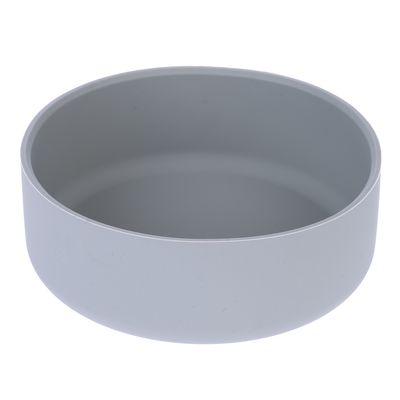 Ciotola grigia per alimenti in plastica, forma rotonda con superficie liscia.