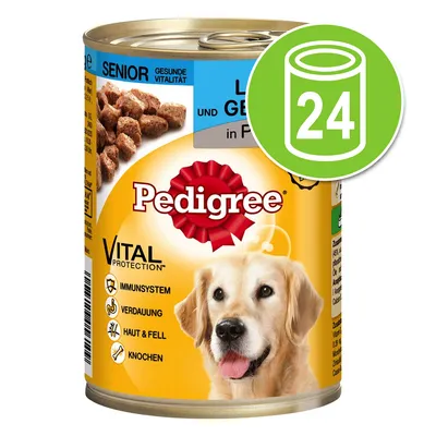 Blik Pedigree Vital Protection Senior hondenvoer, zichtbaar: immuunsysteem, vertering, huid & vacht, botten. Afbeelding met groene cirkel en het getal 24, verwijzend naar 24 stuks.