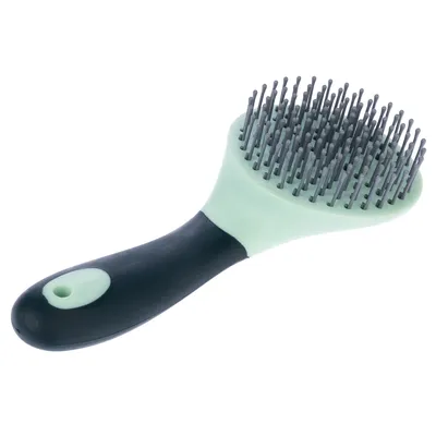 Grüne und schwarze Bürste mit Metallstiften, ergonomischer Griff für Fellpflege.