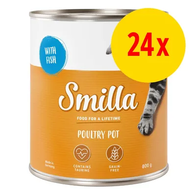 Smilla Poultry Pot burk, text: WITH FISH, FOOD FOR A LIFETIME, CONTAINS TAURINE, GRAIN-FREE, 800 g. Gul cirkel med röd text: 24x. Del av katt synlig.