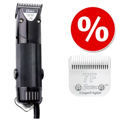 Oster Golden A5 klippemaskine, 45W, med udskifteligt skær mærket 7F CryogenX AgION. Rød cirkel med hvidt procenttegn indikerer tilbud eller rabat.