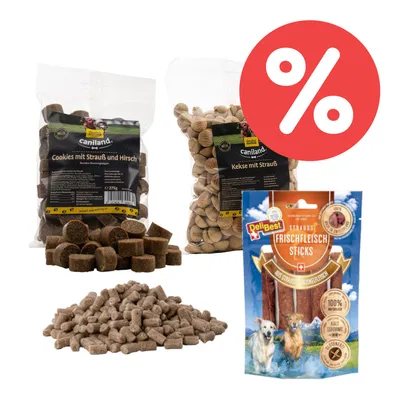 Mix-Sparpaket Straußen Snacks - 1,5 kg (4 Sorten gemischt) Mix-Sparpaket Straußen Snacks - 1,5 kg (4 Sorten gemischt)