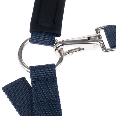 Primo piano di un nastro in nylon blu con anello in metallo argentato e moschettone.