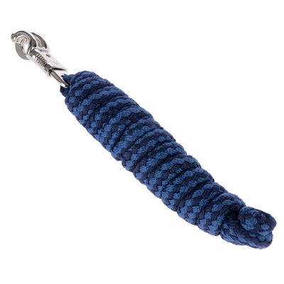 Modrý pletený provaz s kovovou karabinou, vhodný pro upevnění nebo příslušenství.