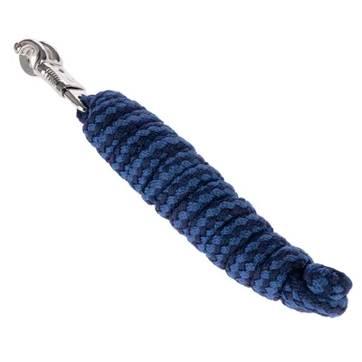 Blauw gevlochten touw met metalen karabijnhaak, geschikt voor bevestigingen of accessoires.