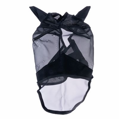 Tessuto a rete nero con orecchie, adatto come abbigliamento o costume per pet. Dettagli visibili: tessuto trasparente e vestibilità elastica.