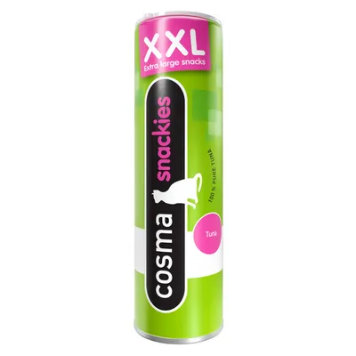 cosma snackies XXL extra large snacks, 100% pure tuna, Tuna. Groene verpakking met katpictogram en roze accenten.