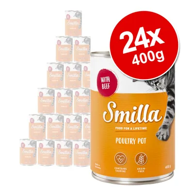 Smilla Poultry Pot with Beef, 24 x 400g tins. Visible text: Food for a lifetime, contains taurine, grain-free, made in Germany. Orange and white packaging with cat image.