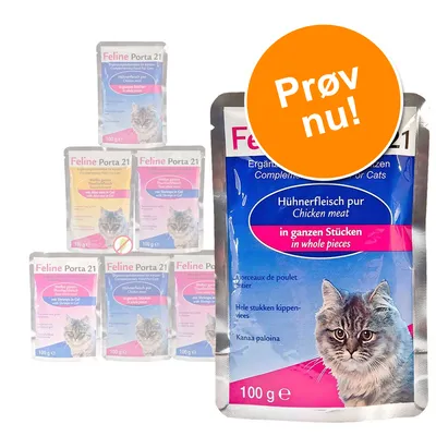 Feline Porta 21 kattefoder, 100 g poser. Synlig variant: Hühnerfleisch pur, Chicken meat, in ganzen Stücken, in whole pieces. Orange cirkel med teksten 'Prøv nu!'.