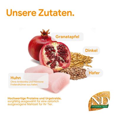 Unsere Zutaten: Granatapfel, Dinkel, Hafer, Huhn ohne Antibiotika und Hormone. Hochwertige Proteine und Urgetreide für eine ausgewogene Mahlzeit. N&D Ancestral Grain.