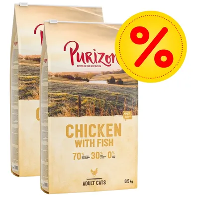 Purizon Chicken with Fish dla dorosłych kotów, 2 x 6,5 kg. Widoczne: 70 % składników pochodzenia zwierzęcego, 30 % warzyw i owoców, 0 % zbóż. Symbol procentowej promocji.
