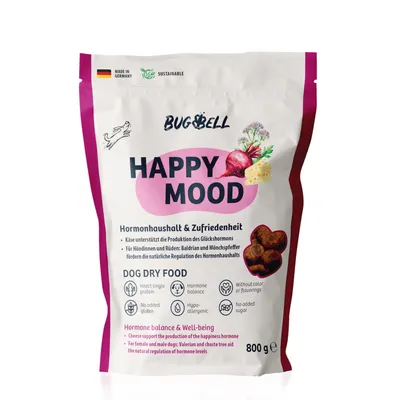 BugBell Happy Mood cibo secco per cani, 800g. Supporta equilibrio ormonale e benessere con valeriana, agnocasto e formaggio. Made in Germany, sostenibile, senza zucchero o coloranti.