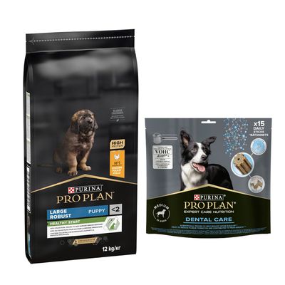 PURINA PRO PLAN 12 / 14 kg + friandises Dental Care 345 g ou 426 g offertes ! Large Robust Puppy Healthy Start (12 kg) + Medium pour chien de taille moyenne (345 g)