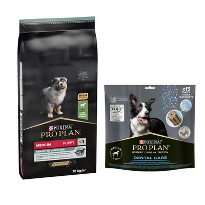 12 kg of 14 kg Pro Plan droogvoer voor honden + 345 g/426 g Pro Plan Dental Care hondensnack gratis! Medium Puppy Lam & Rijst Sensitive Digestion 12 kg