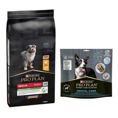 PURINA PRO PLAN 12 / 14 kg + friandises Dental Care 345 g ou 426 g offertes ! Medium Puppy Healthy Start (12 kg) + Medium pour chien de taille moyenne (345 g)